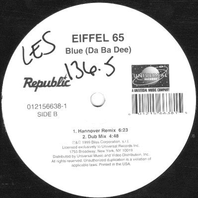 Eiffel 65 : Blue (Da Ba Dee) (12")
