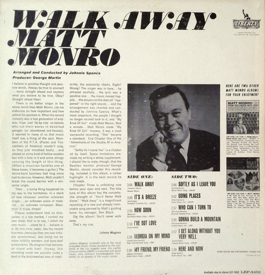 Matt Monro : Walk Away (LP, Album, Mono)