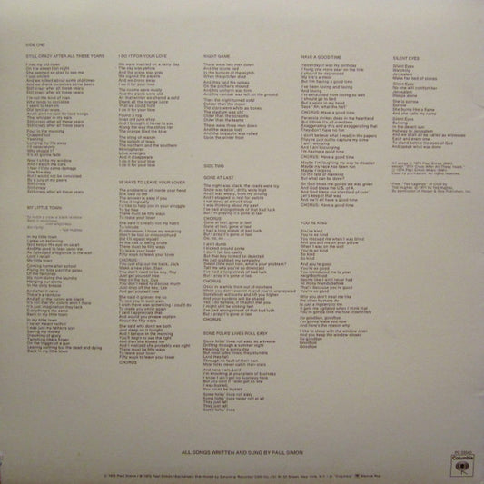 Paul Simon : Still Crazy After All These Years (LP, Album, Pit)