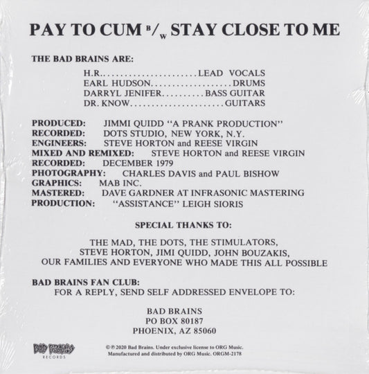 Bad Brains : Pay To Cum! (7", Single, RE, RM)