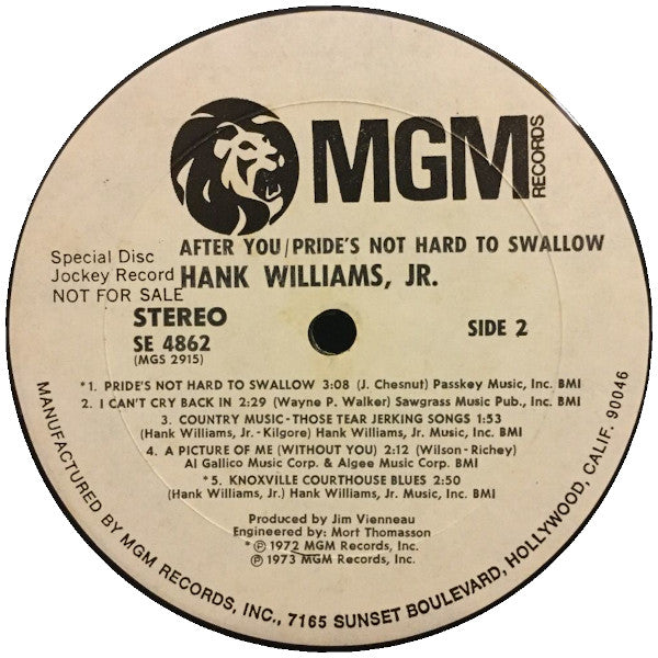 Hank Williams Jr. : After You / Pride's Not Hard To Swallow (LP, Album, Promo)