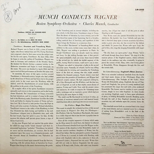 Munch* Conducts Wagner*, Boston Symphony Orchestra : Tannhäuser: Overture / Venusberg Music - Die Götterdämmerung: Siegfried's Rhine Journey - Die Walküre: Magic Fire Music (LP, Mono)