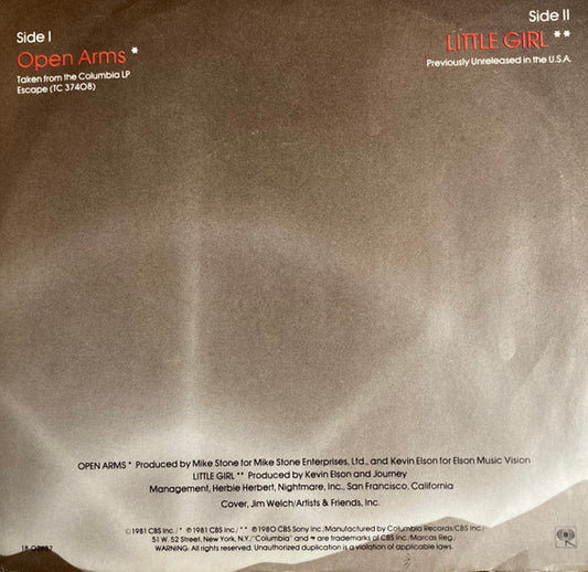 Journey : Open Arms (7", Single, Styrene, Ter)