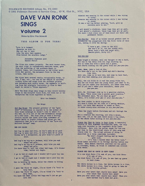 Dave Van Ronk : Dave Van Ronk Sings (LP, Album, RE)