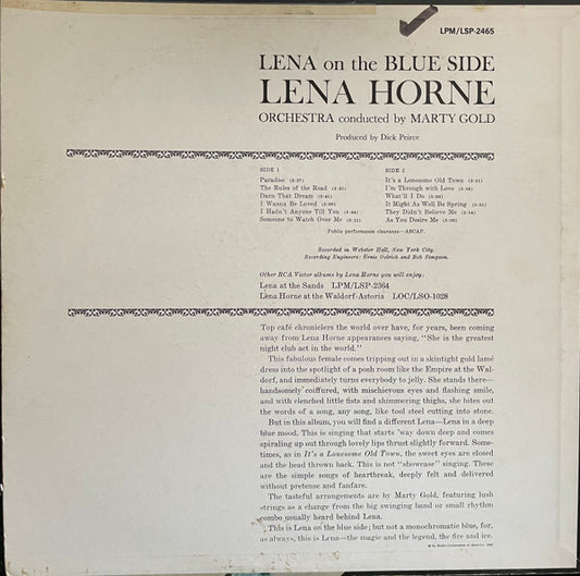Lena Horne : Lena On The Blue Side (LP, Album, Mono, Ind)