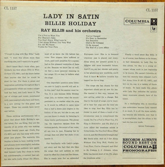 Billie Holiday With Ray Ellis And His Orchestra : Lady In Satin (LP, Album, Mono)