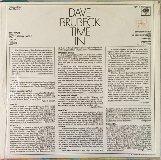 Dave Brubeck : Time In (LP, Album, RE, Pit)
