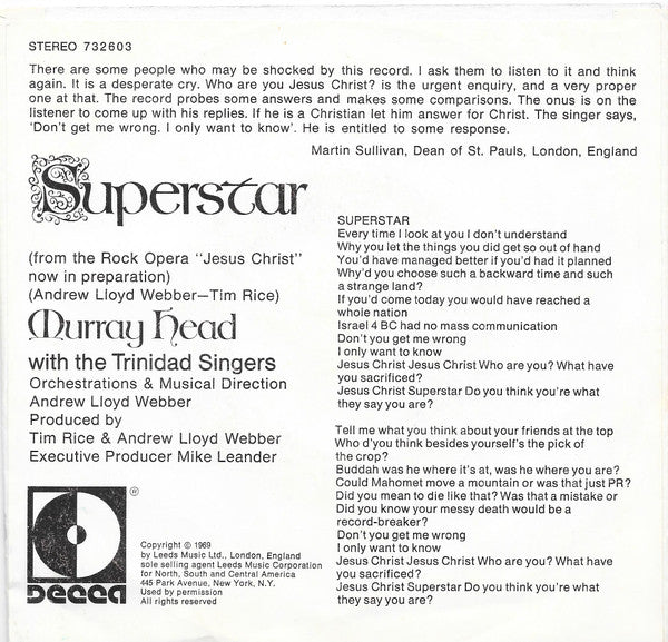 Murray Head With The Trinidad Singers / The Andrew Lloyd Webber Orchestra : Superstar (7", Promo)
