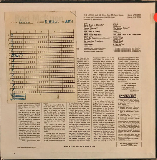 Rod McKuen : The Loner And 13 Other Rod McKuen Songs Of Love And Loneliness (LP, Album, RP, Ora)