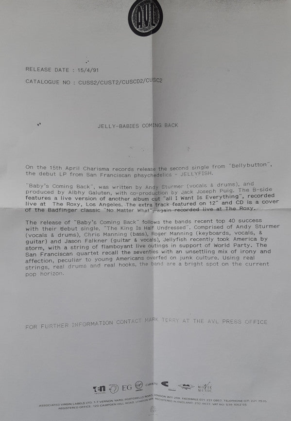 Jellyfish (2) : Baby's Coming Back (7", Single, Car)