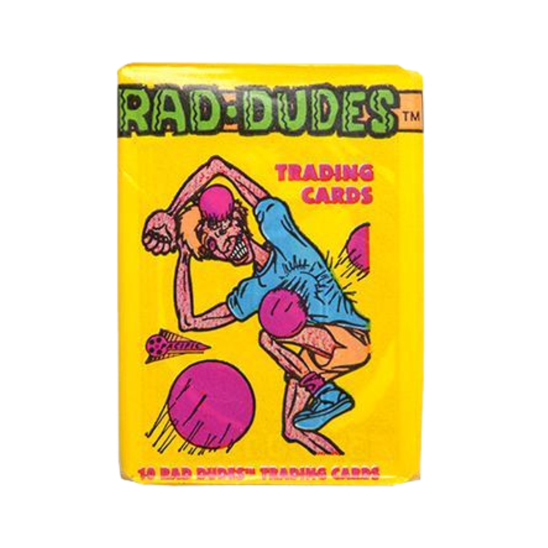 Trading card pack with 'Rad Dudes' branding on a yellow background