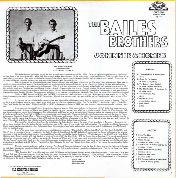 Bailes Brothers (Johnnie And Homer)* : Early Radio Volume II (LP, Album)