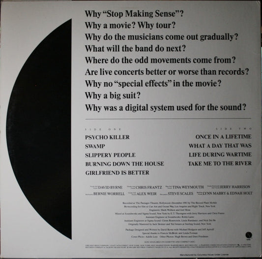 Talking Heads : Stop Making Sense (LP, Album, Club, Col)