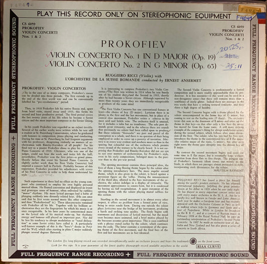 Ruggiero Ricci With L'Orchestre De La Suisse Romande Conducted By Ernest Ansermet, Prokofiev* : Violin Concerti Nos. 1 And 2 (LP, Album, Blu)