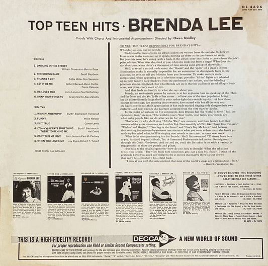 Brenda Lee : Brenda Lee Sings Top Teen Hits (LP, Album, Mono, Pin)