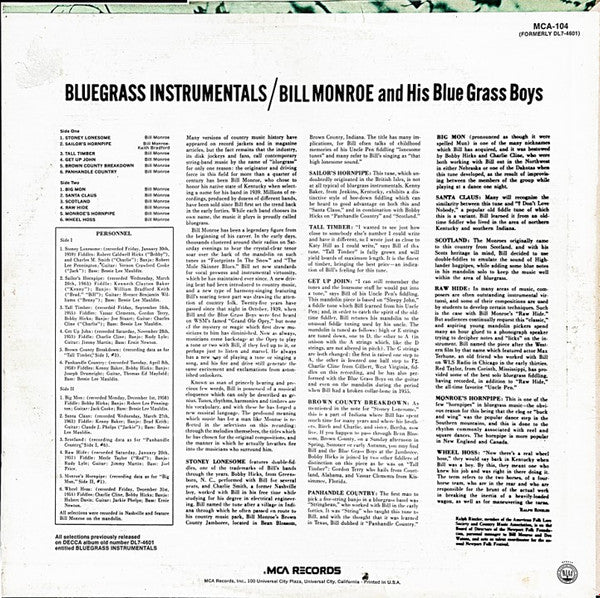 Bill Monroe And His Blue Grass Boys* : Bluegrass Instrumentals (LP, Comp, RE)