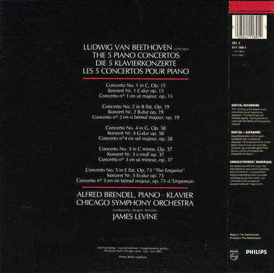 Beethoven*, Alfred Brendel, Chicago Symphony Orchestra, James Levine (2) : The 5 Piano Concertos = Die 5 Klavierkonzerte = Les 5 Concertos Pour Piano Et Orchestre (Live) (4xLP + Box)