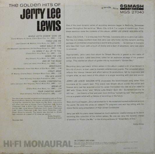 Jerry Lee Lewis : The Golden Hits Of Jerry Lee Lewis (LP, Album, Mono)