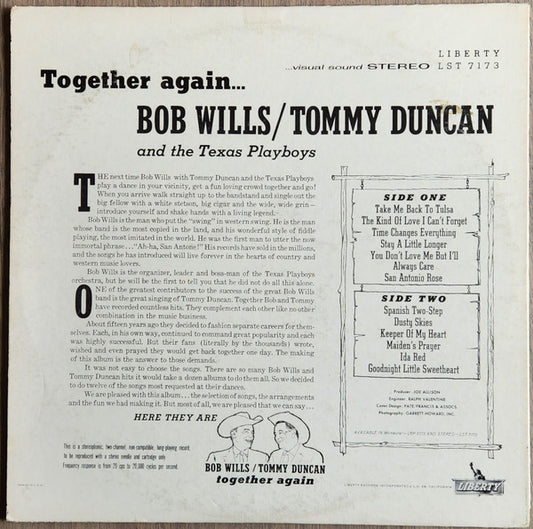 Bob Wills / Tommy Duncan* And The Texas Playboys : Together Again (LP, Album, Ind)