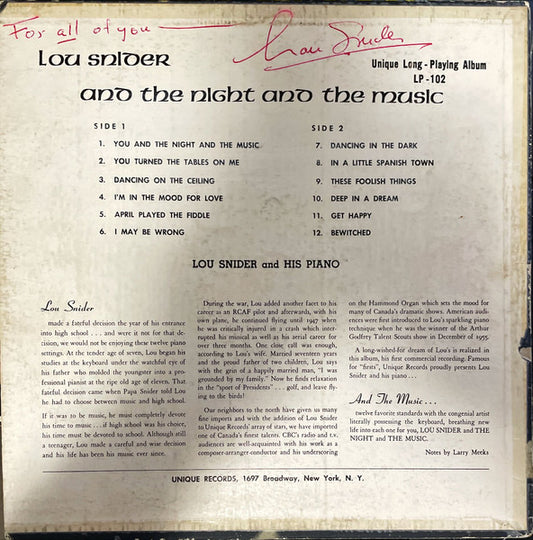 Lou Snider (2) : Lou Snider...And The Night...And The Music (LP, Album, Mono)