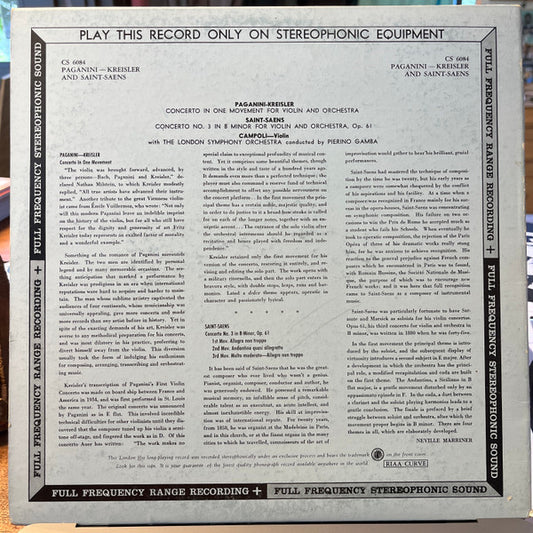 Campoli*, Paganini* - Kreisler* / Saint-Saëns*, The London Symphony Orchestra* Conducted By Pierino Gamba : Concerto In One Movement For Violin And Orchestra / Concerto No. 3 In B Minor For Violin And Orchestra Opus 61 (LP)