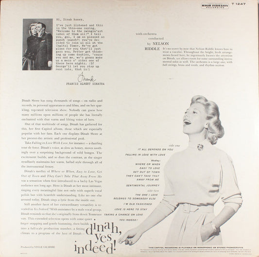 Dinah Shore : Dinah, Yes Indeed! (LP, Album)