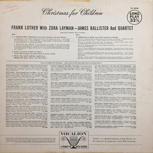 Frank Luther (2) With Zora Layman — James Ballister And Quartet* : Christmas For Children (LP, Album, Comp, Mono)