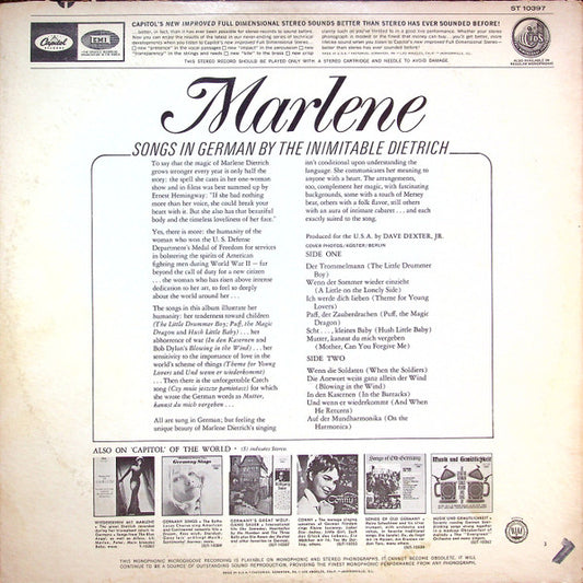 Marlene Dietrich : Songs In German By The Inimitable Dietrich (LP, Album, Scr)