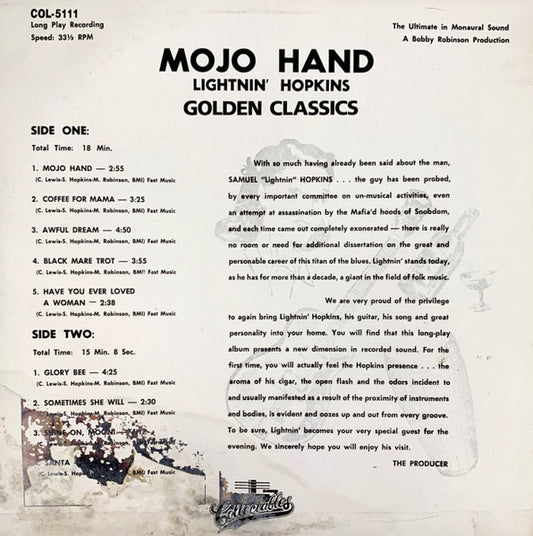 Lightnin' Hopkins : Mojo Hand - Golden Classics (LP, Album, Mono, RE)