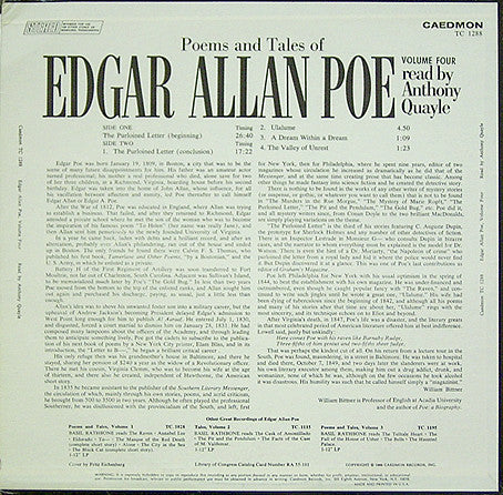 Edgar Allan Poe Read By Anthony Quayle : Poems & Tales Of Edgar Allen Poe - Volume 4 The Purloined Letter And Poems (LP)