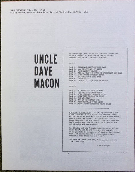 Uncle Dave Macon : Uncle Dave Macon (LP, Comp, RE)