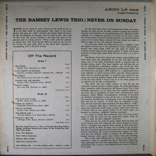 The Ramsey Lewis Trio : Never On Sunday (LP, Album)