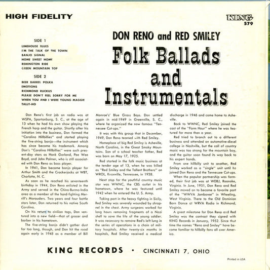 Don Reno And Red Smiley* : Folk Ballads And Instrumentals (LP, Album, Mono, RE, Sma)