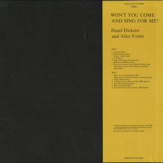 Hazel Dickens And Alice Gerrard : Won't You Come & Sing For Me? (LP, Album)
