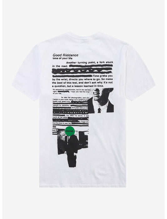 White t-shirt with graphic design and text on a white background