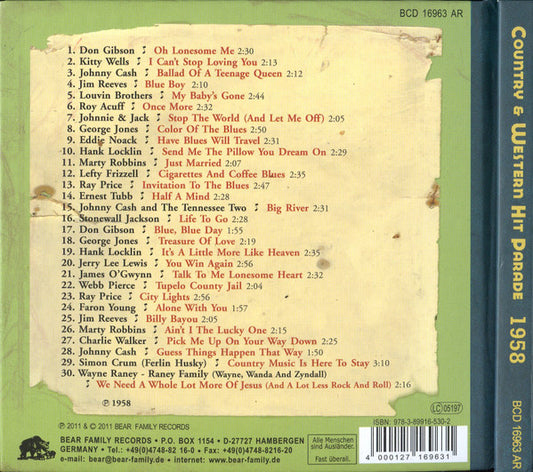 Various : Dim Lights, Thick Smoke & Hillbilly Music: Country & Western Hit Parade - 1958 (CD, Comp, Ltd)