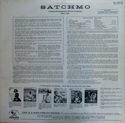 Satchmo (2) : Satchmo (A Musical Autobiography Of Louis Armstrong 1923-1925) (LP, Comp, Mono)