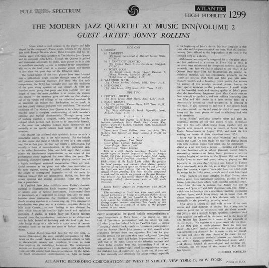 The Modern Jazz Quartet Guest Artist: Sonny Rollins : The Modern Jazz Quartet At Music Inn — Volume 2 (LP, Album, Mono)
