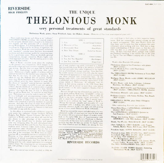 Thelonious Monk : The Unique Thelonious Monk (LP, Album, RE)