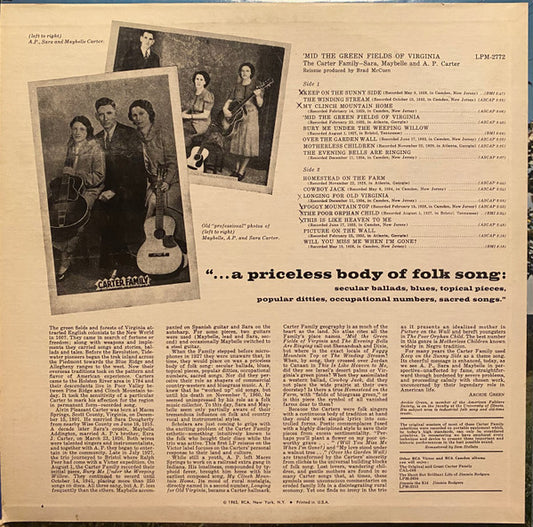 The Carter Family : 'Mid The Green Fields Of Virginia (LP, Album, Mono, RE, Ind)