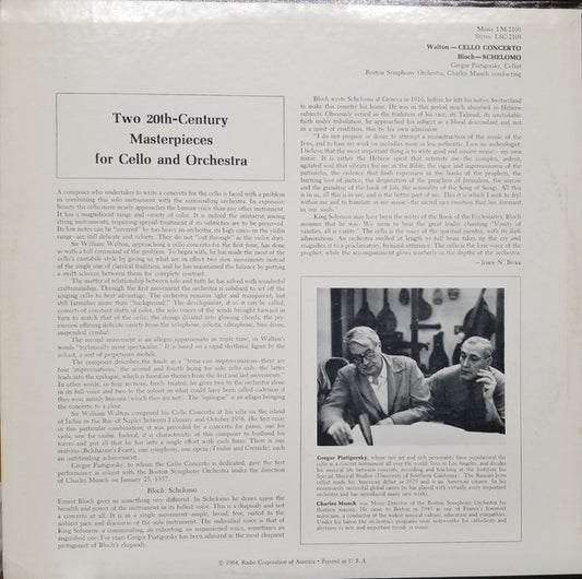 Walton*, Bloch*, Piatigorsky*, Boston Symphony* ∙ Munch* : Cello Concerto / Schelomo (LP)