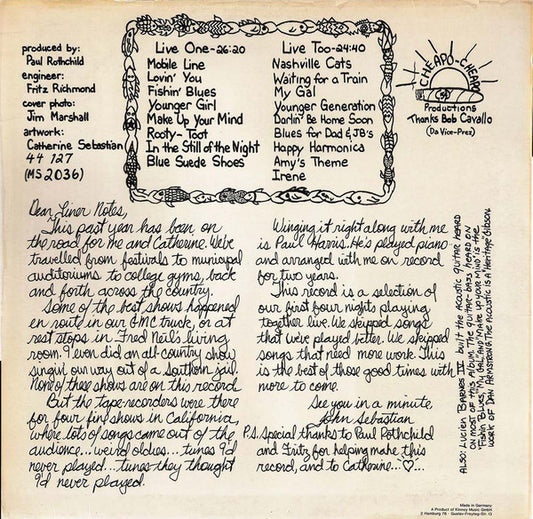 John Sebastian : Cheapo-Cheapo Productions Presents Real Live (LP, Album)