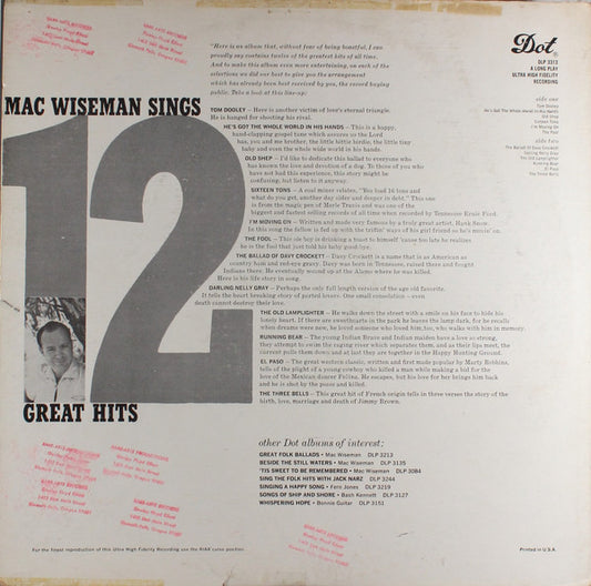 Mac Wiseman : Mac Wiseman Sings 12 Great Hits (LP, Album, Mono)