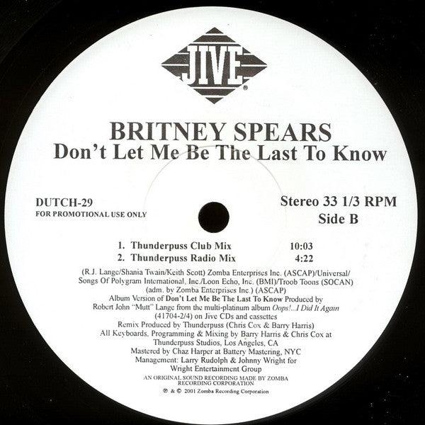 Britney Spears : Don't Let Me Be The Last To Know (12", Single, Promo)