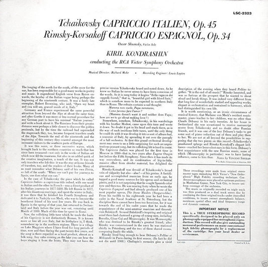 Tchaikovsky* / Rimsky-Korsakoff*, Kiril Kondrashin, RCA Victor Symphony Orchestra : Capriccio Italien / Capriccio Espagnol (LP, Ind)