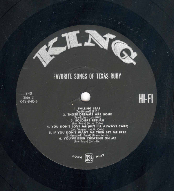 Texas Ruby : Favorite Songs Of Texas Ruby (LP, Album)