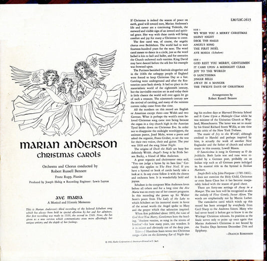 Marian Anderson : Christmas Carols (LP, Album, Mono)