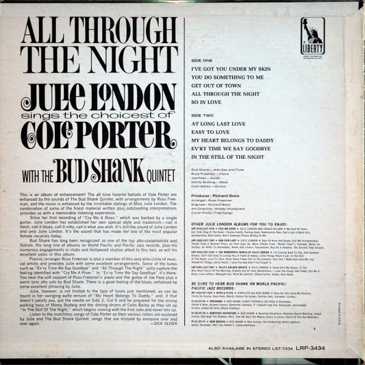 Julie London With The Bud Shank Quintet : All Through The Night (LP, Album, Mono, San)