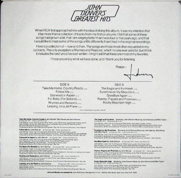 John Denver : John Denver's Greatest Hits (LP, Comp, Ora)