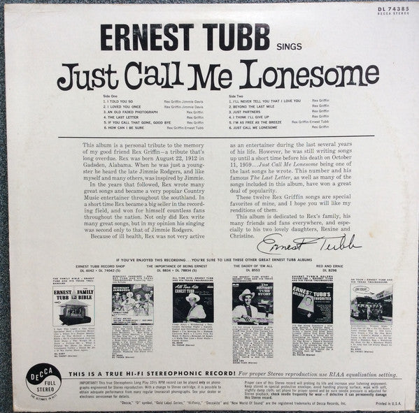 Ernest Tubb : Sings Just Call Me Lonesome (And Other Great Songs By Rex Griffin) (LP, Album)